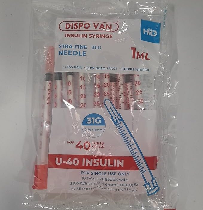 Dispovan 1ml U40 insulin syringe (1 pack= 10 units)